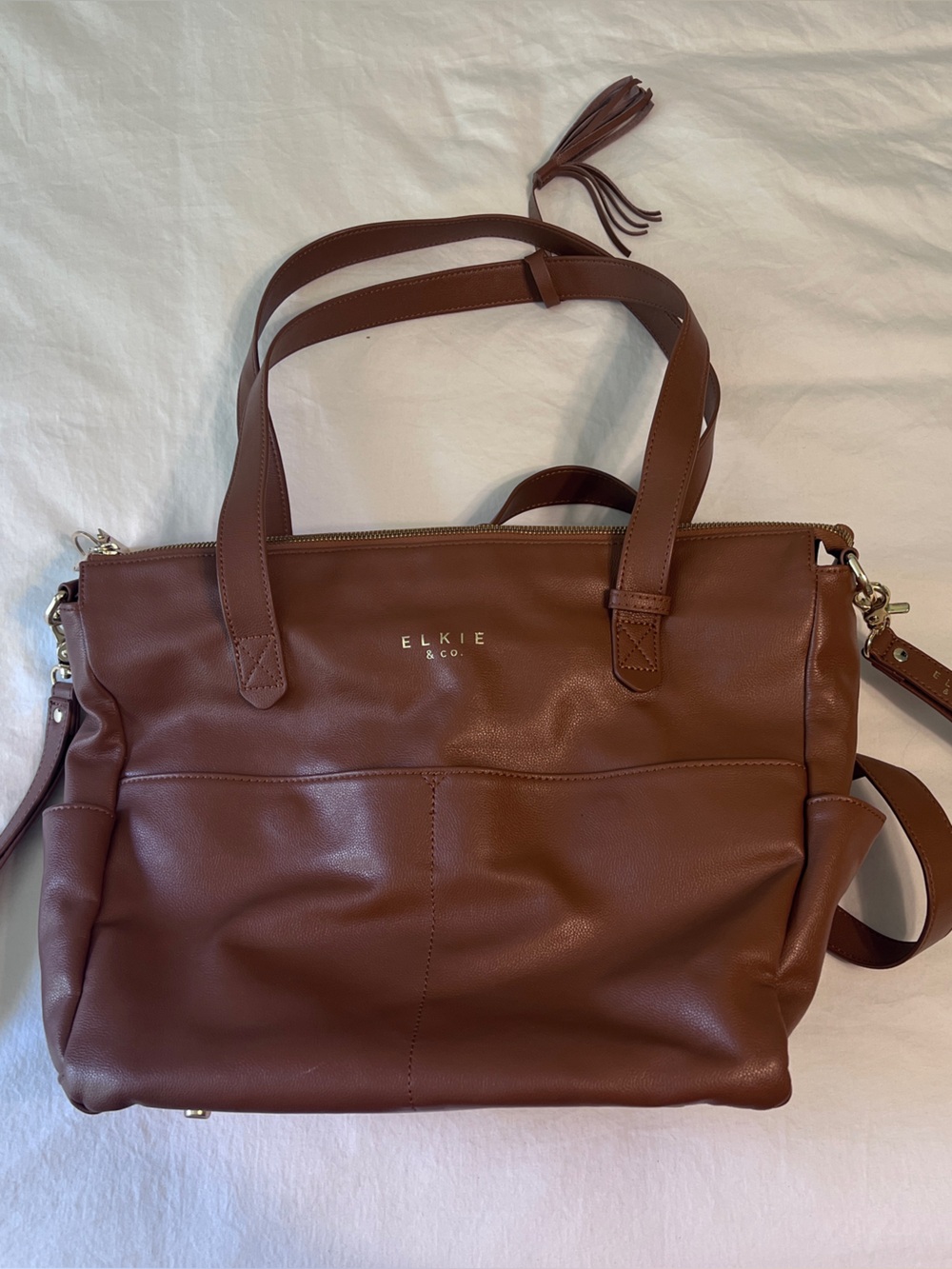 Elkie & Co Leather backpack diaper bag with accessories